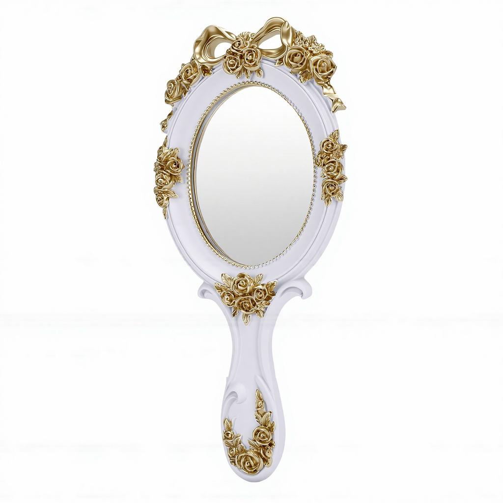 Vintage Hand Held Mirror Portable Oval Embroidery Princess Mirror for Women Retro Decor White