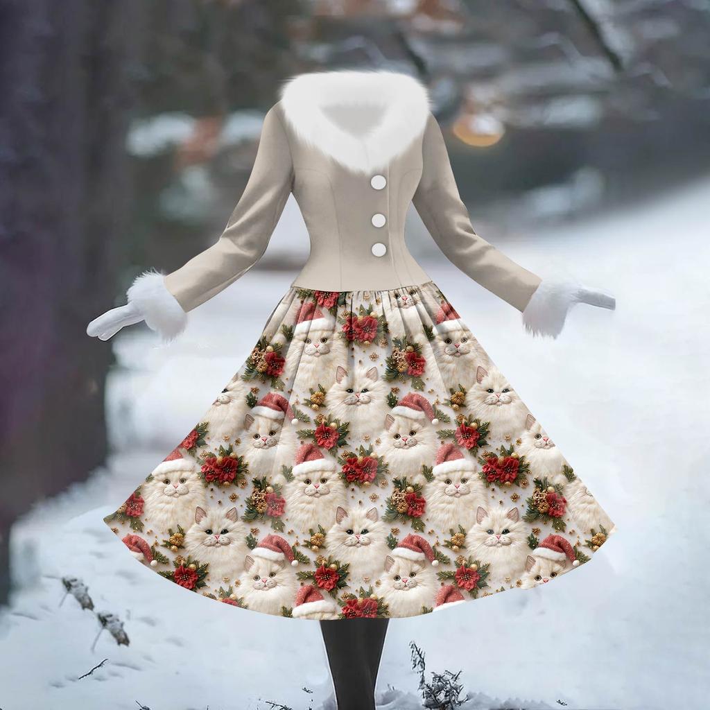 Women's Casual Hooded Dress Long-Sleeve V-Neck Patchwork Fleece Christmas Print Dress