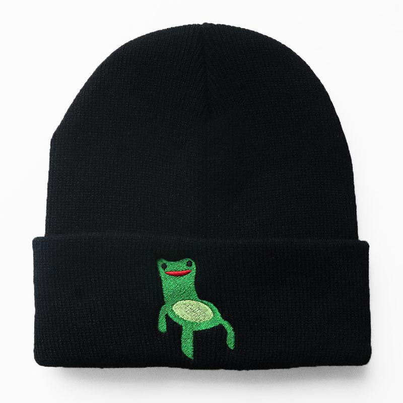 

New cartoon Froggy Chair Frog Embroidered Knit Hat Autumn Winter Woolen Hat Student Pullover Warm Cold Weather Hat Adjustable чёрный