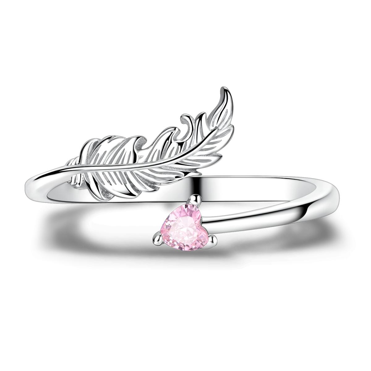 925 Silver Ring For Lady Feather Pink Heart Adjustable Open Ring Weddings Gifts Jewelry