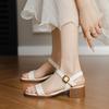 Summer new sandals women step on shit feeling medium heel thick heel one-word buckle belt Roman shoes wear holiday casual beach shoes