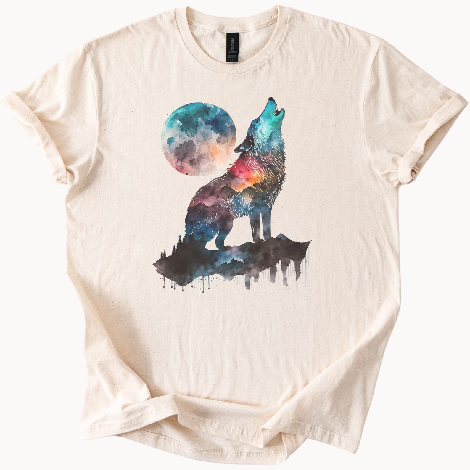 Howling Wolf Watercolor Moon Graphic T Shirt Nature Art Tee Colorful Animal Wilderness Mountain Forest Night Sky Shirt Gift 100