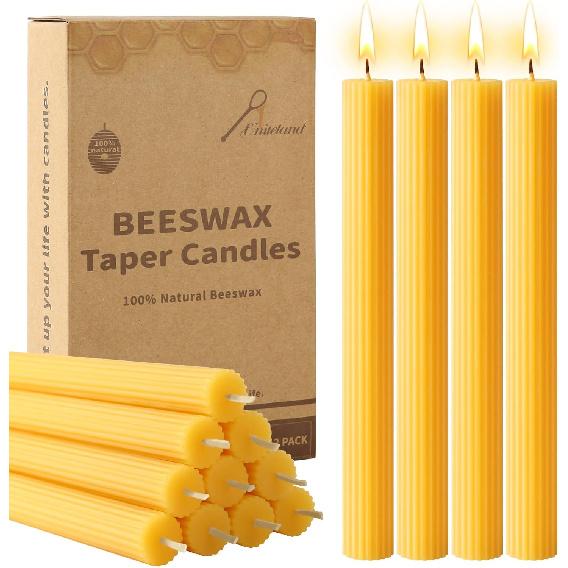 12 Packs Natural Beeswax Taper Candles,8 Inch Long Beeswax Candle Sticks,10 Hour Burn Time Tapered Candle, Beeswax Tapers for Purified Air Spa