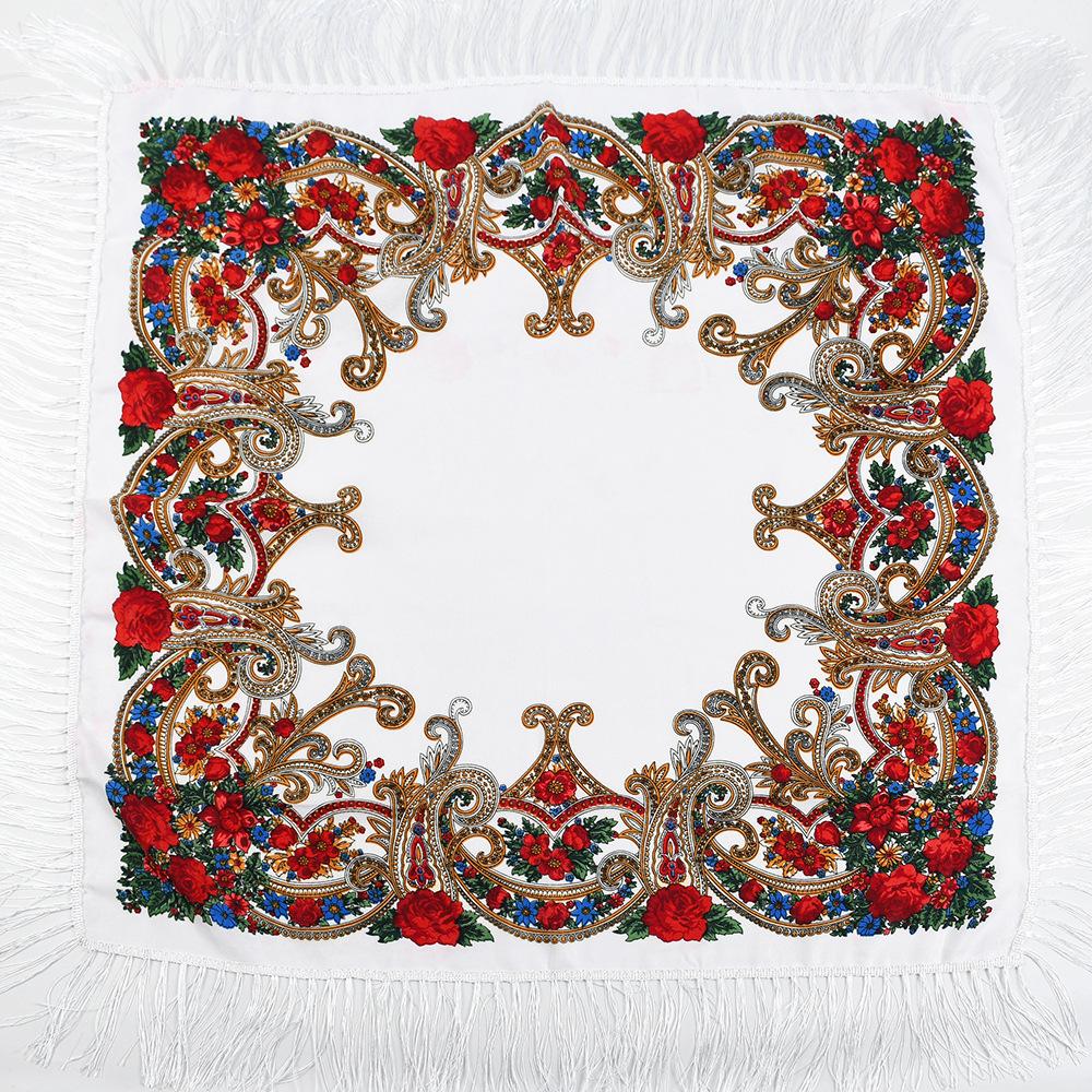 

100*100 см русский квадратный шарф женский роскошный цветочный принт бандана с бахромой украинская шаль белый