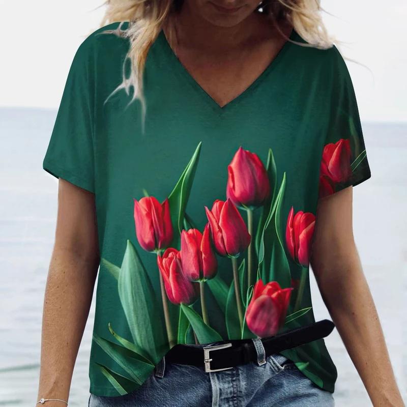 3D Tulip Floral Print T-shirt for Women, V-neck Short Sleeve, Summer Casual Top