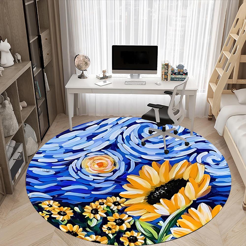 1pc Sunflower Night Sky Print Chair Carpet for Office, Round Polyester Mat, Indoor Decor for Office, Easycare Fabric, Washable Non-slip Area Carpet