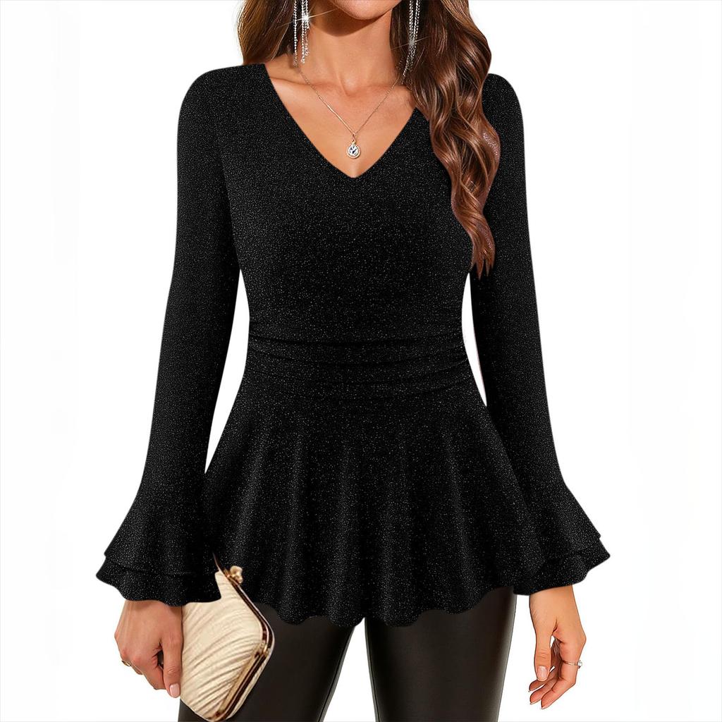 Women's Fashion Solid Color Round Neck Hem Elastic Sleeve Mid Sleeve Shirt T-shirt Top