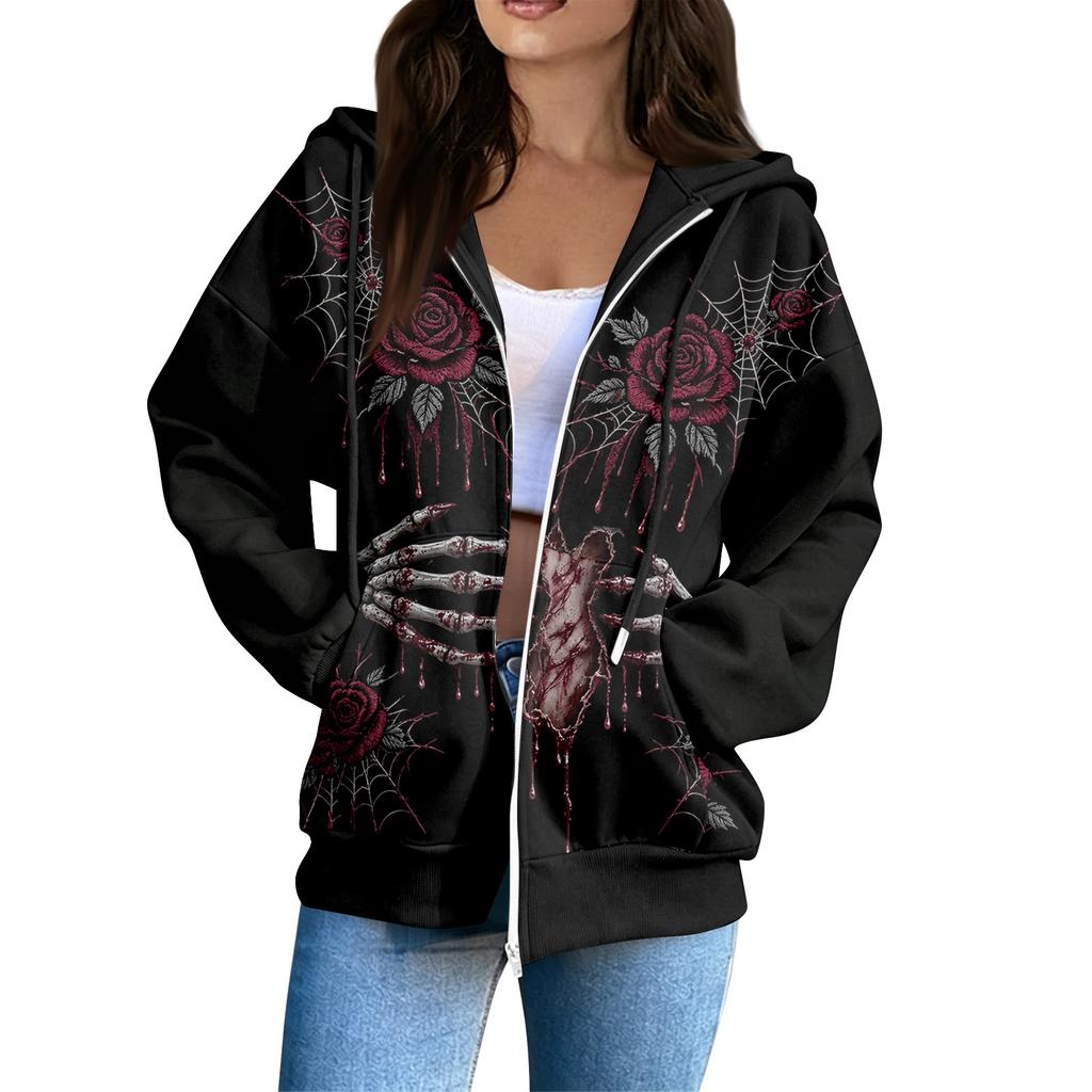 Women's Casual Long Sleeve Zip-Up Hoodie Sweatshirt with Halloween Print