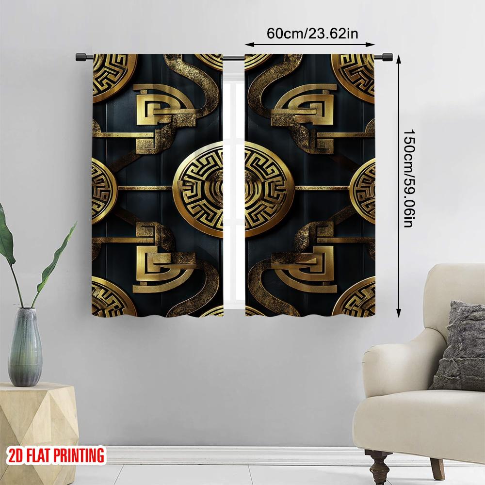 2D flat printing 2pcs Curtains Gold geometric pattern 100% Polyester,Without Electricity Holiday Decorations Suitable for