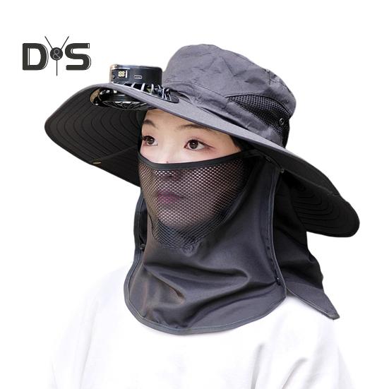 Solar-Ventilator-Hut mit Gesichtsschutz, Nackenklappe, LSF 50+, UV-Schutz, Hut mit Solar-Ventilator, wiederaufladbar über USB, atmungsaktiv, für Herren, Sommer, Outdoor, Angeln, breite Krempe