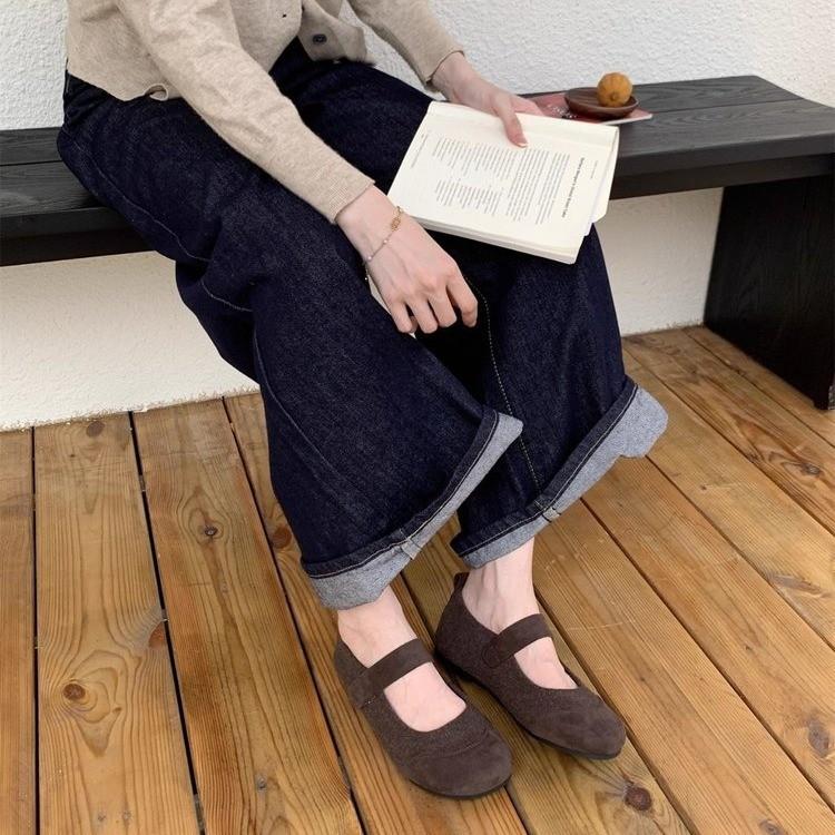 French retro round head splicing light woolen single shoes women's 2025 summer new with skirt flat Mary Jane shoes