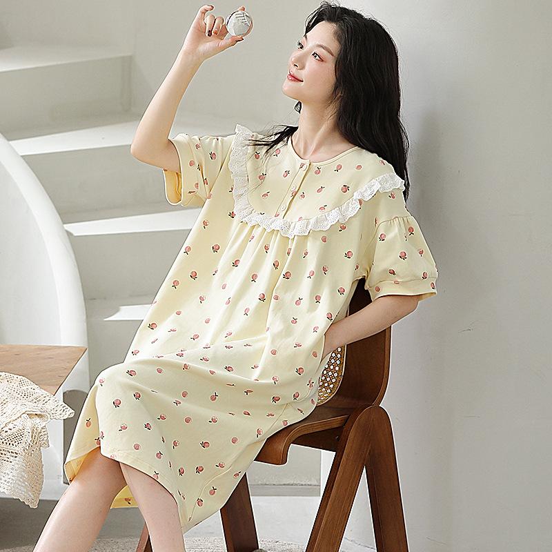 Summer Girl Pink Bow Nightdress Pure Cotton with Chest Pad Anti-bumping Short Sleeve Elegant Lazy Lady Princess Dress