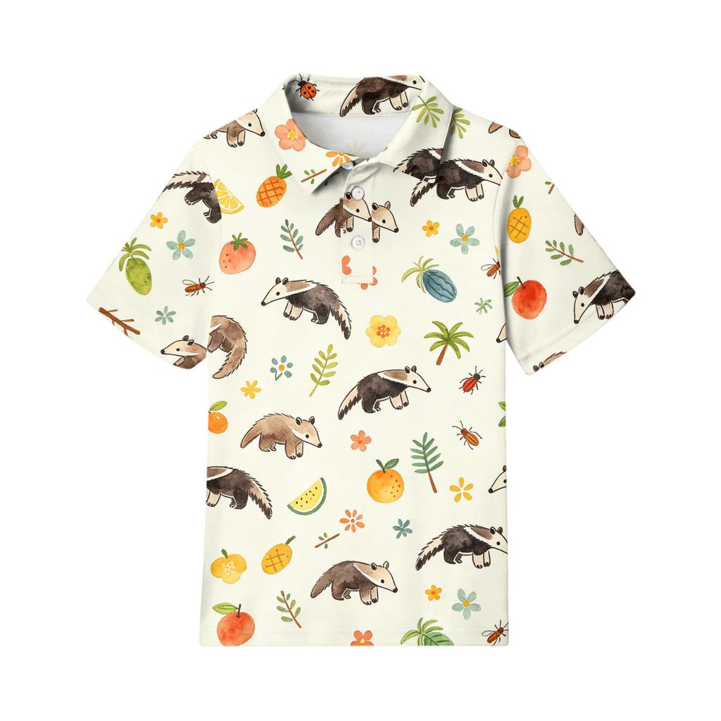 Kids Short Sleeve Polo Shirt Animal Print Casual Tee Button Down Collar Lightweight Summer Top for Boys Girls