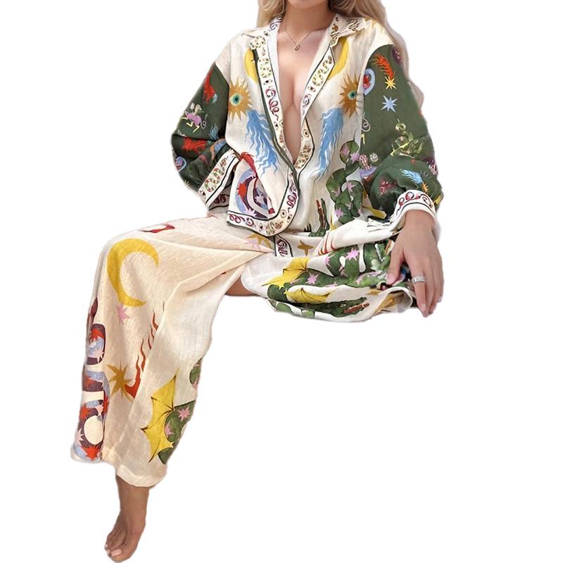 2026 Spring Women's European & American Loose Casual Printed Shirt & Wide-Leg Pants Set
