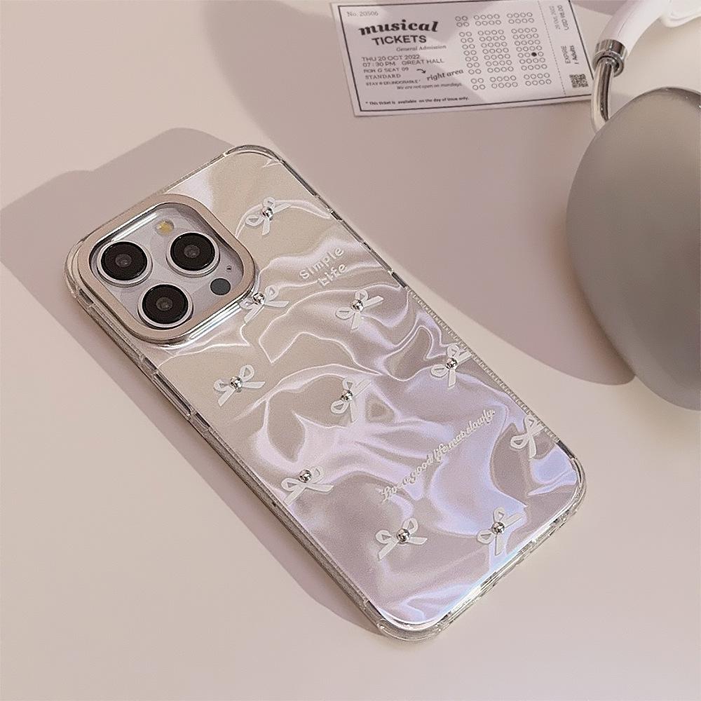 Capa de Telefone IPhone 16 Estilo Coreano Apple 13 Laço Branco Tridimensional 14promax Ondulação de Água 12 Rígida