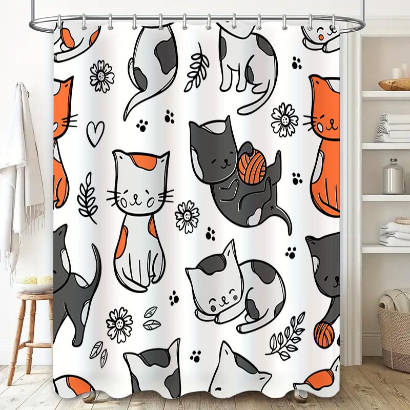 Creative Cat Shower Curtain Set Bathroom Decor with Cartoon Design for Kids Room or Pet Lovers Gift Decoration Ideas (White)
