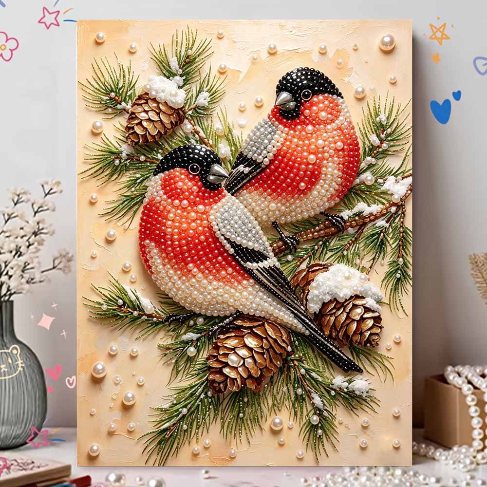 DIY Pearl Bead Painting Kit Winter Birds Festive Stress Relief Craft Frameless 3D Canvas Art for Adults Home Decoration Gift