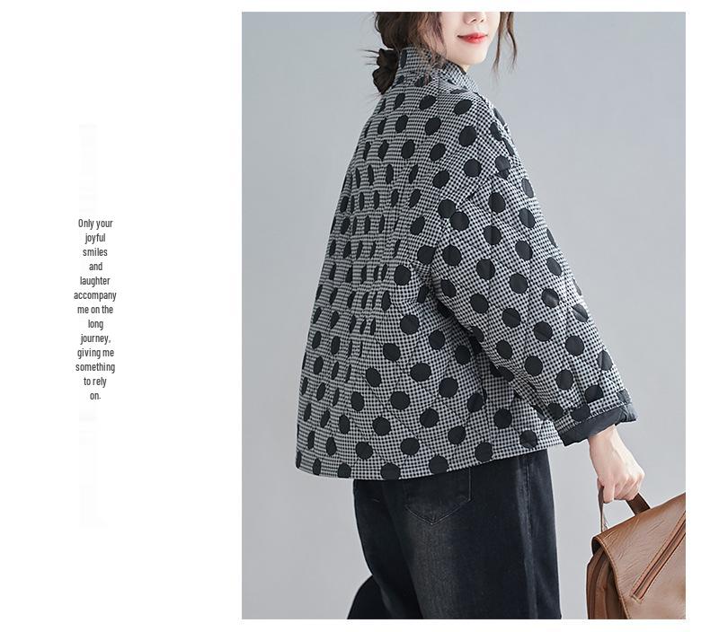 2024 Plus Size Women's Retro Argyle Short Quilted Cotton Jacket with Polka Dots