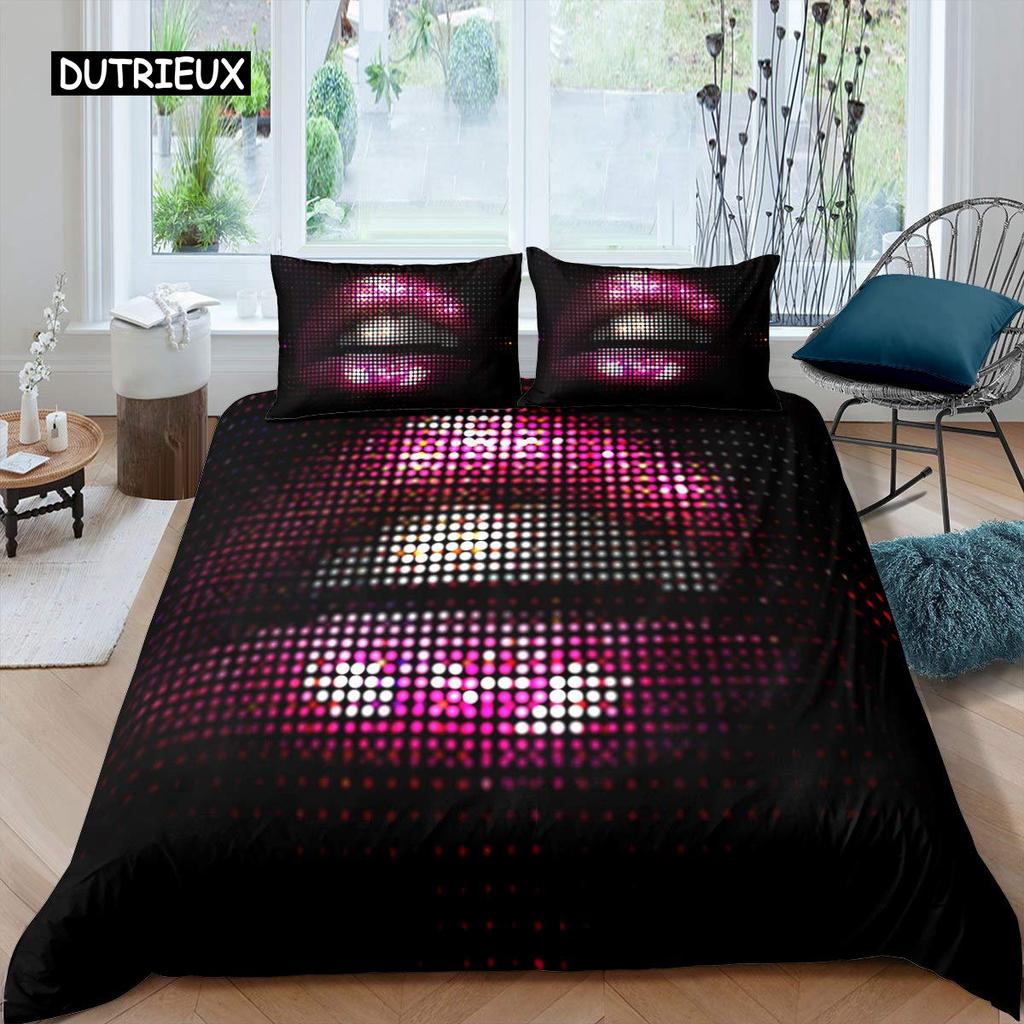Lip Duvet Cover Pink and Gray Lips Kissing Pattern Comforter Cover Sexy Theme King Size Twin Bedding Set for Women Girls Lovers