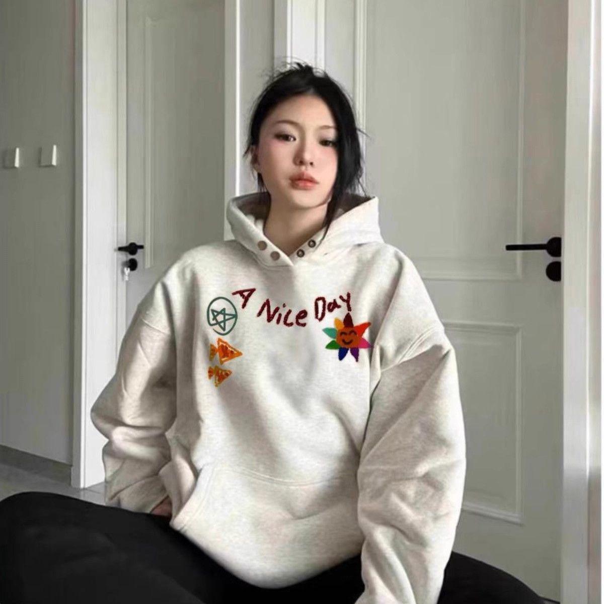 

American Retro Lazy Style Hooded Sweatshirt for Women 2025 New Hot Style Autumn Winter Plus Velvet Loose Oversize Jacket XXL бежевий