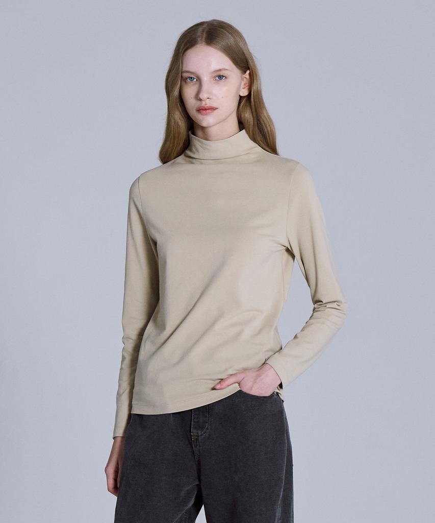 BASIC HOUSE Women'S High-Neck Stretch Long-Sleeve T-Shirt Beige Lats0219