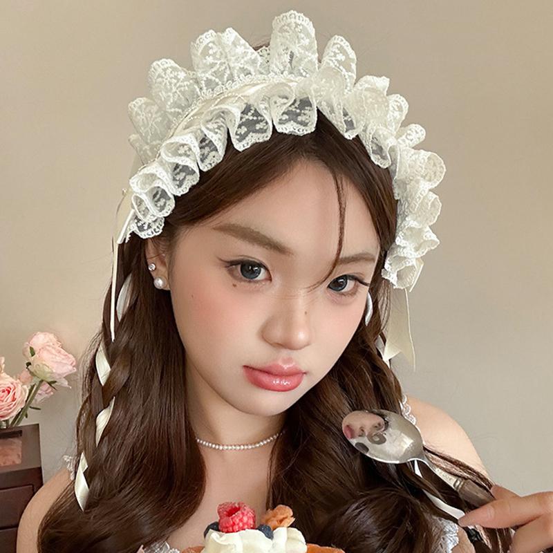 Lolita Cosplay Cat Ears Headband Lace Bow Headwear Sweet Lace Bow Ribbon Headdress For Women Hairpin Vintage Hair Accessories