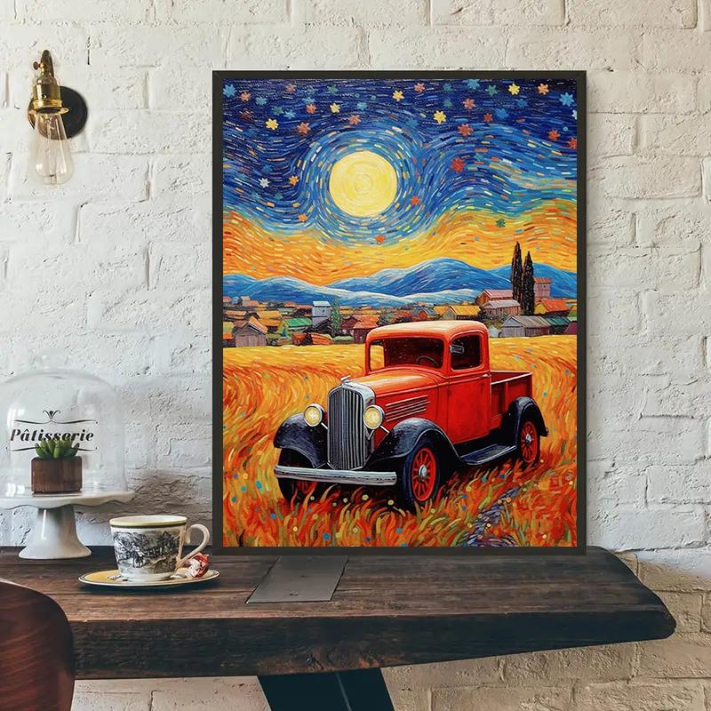 Pictura cu diamant DIY 5D, camion roșu, kit cu punct de cruce, mozaic, broderie cu diamant, trandafir, rotund complet, burghiu pătrat, decorare a casei