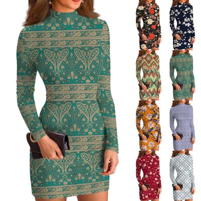 Dámské ležérní šaty s vysokým krkem, dlouhým rukávem, potiskem a slim-fit střihem