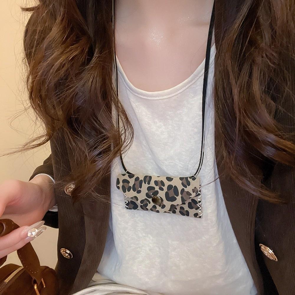 Collarbone Chain Leopard Leather Bag Necklace Storage Lipstick Jewelry Clavicle Chain  Women
