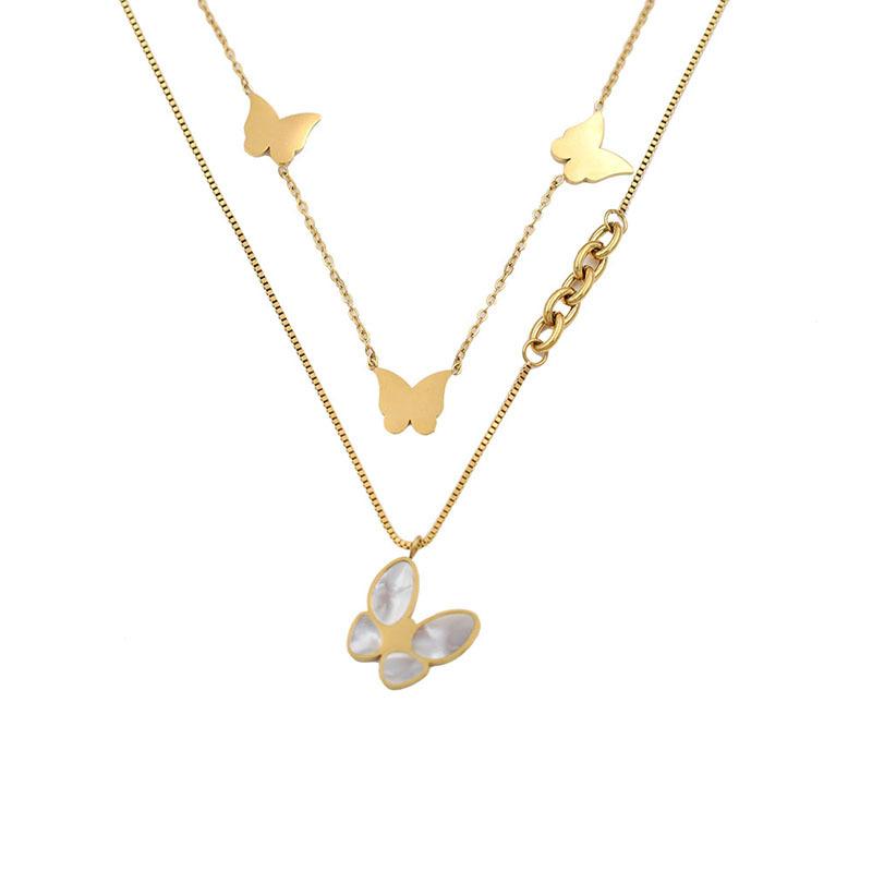 Fashion Light Luxury 18K Gold Fritillary Butterfly Pendant Necklace Women'S High-End Titanium Steel Double-Layer Stacked Collarbone Chain