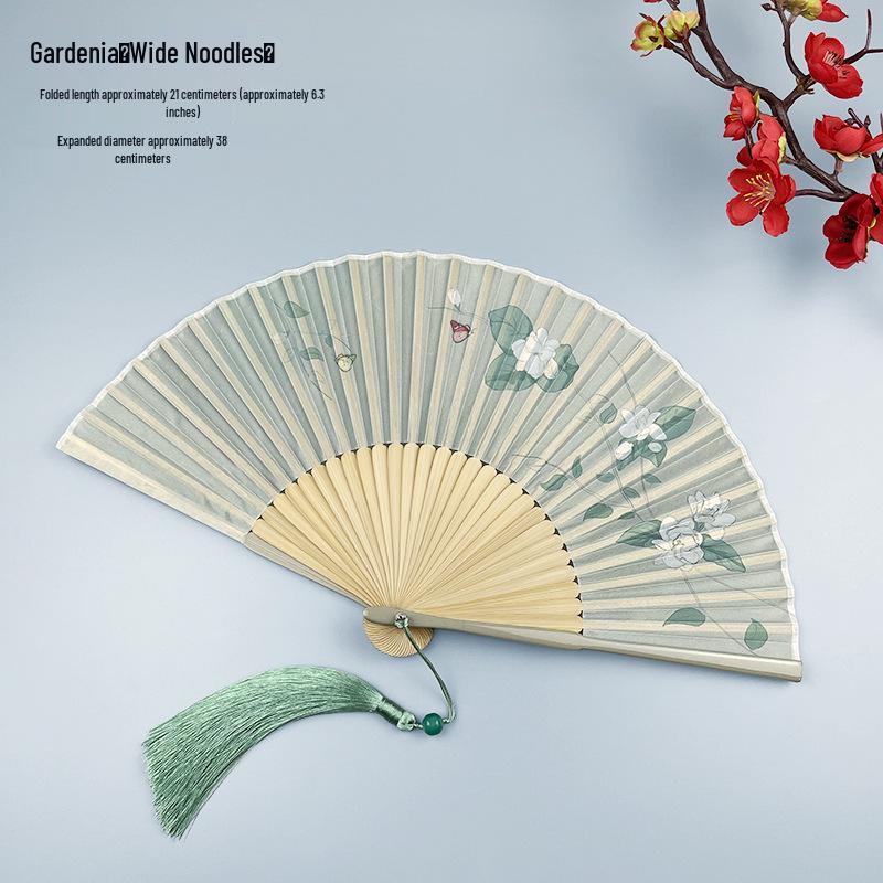 Portable Ancient Chinese Bamboo Folding Fan for Hanfu & Qipao - Gardenia Design