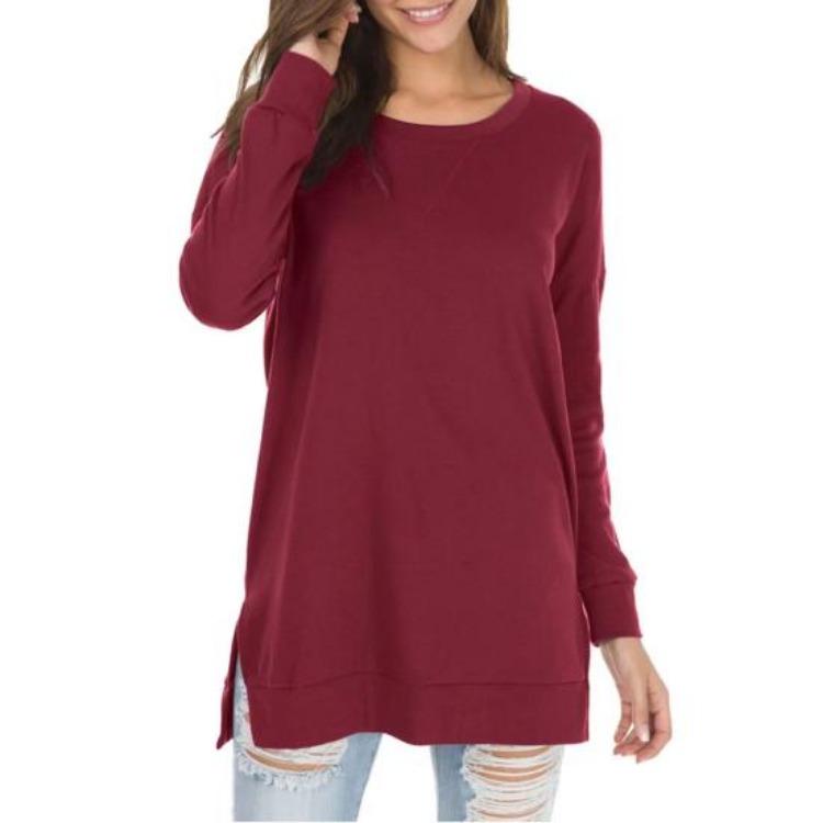 Long Sleeve Round Neck Pullover Tops for Women with Side Split Hem