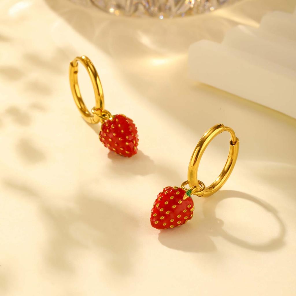 Women's Sweet Strawberry Drop Earrings,Gold Plated Stainless Steel Hoop Earrings for Girls,Cute Waterproof Jewelry Gift
