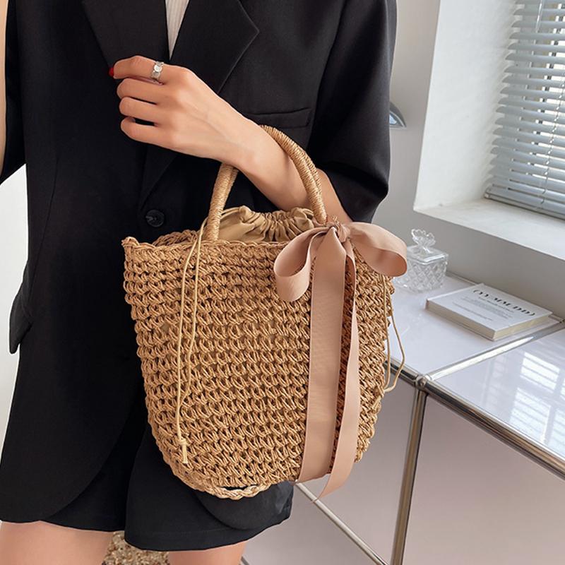 Yogodlns летняя соломенная женская сумка через плечо с бантом и декором — фото 6