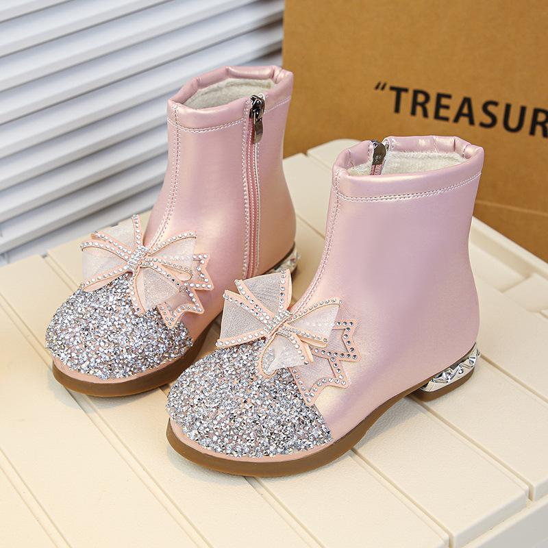 Automne Bottes En Cuir Diamantées à Eau Pour Enfants Semelle Épaisse Antidérapantes Bottines Filles à Lacets Simples Polyvalentes Bottes Décontractées Enfant