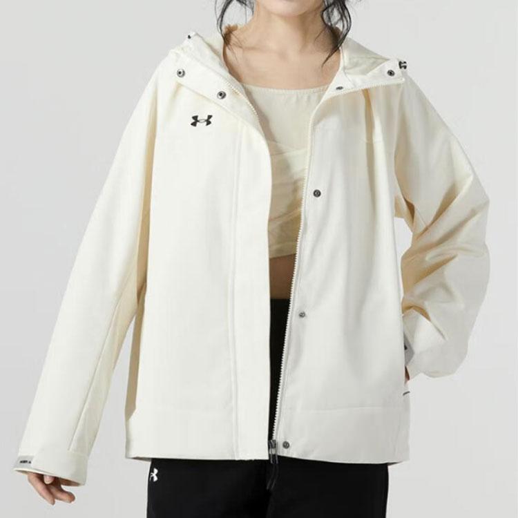 Under Armour Solid Color Outdoor Training Fitness Woven Hooded Jacket Women Jackets Off-White 23600402-101