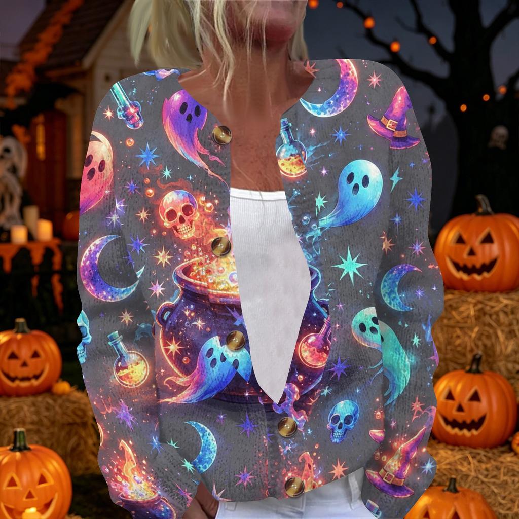 Womens Halloween Print Long Sleeve Knit Cardigan Button Up Sweater Coat Lightweight Casual Outerwear for Fall and Winter