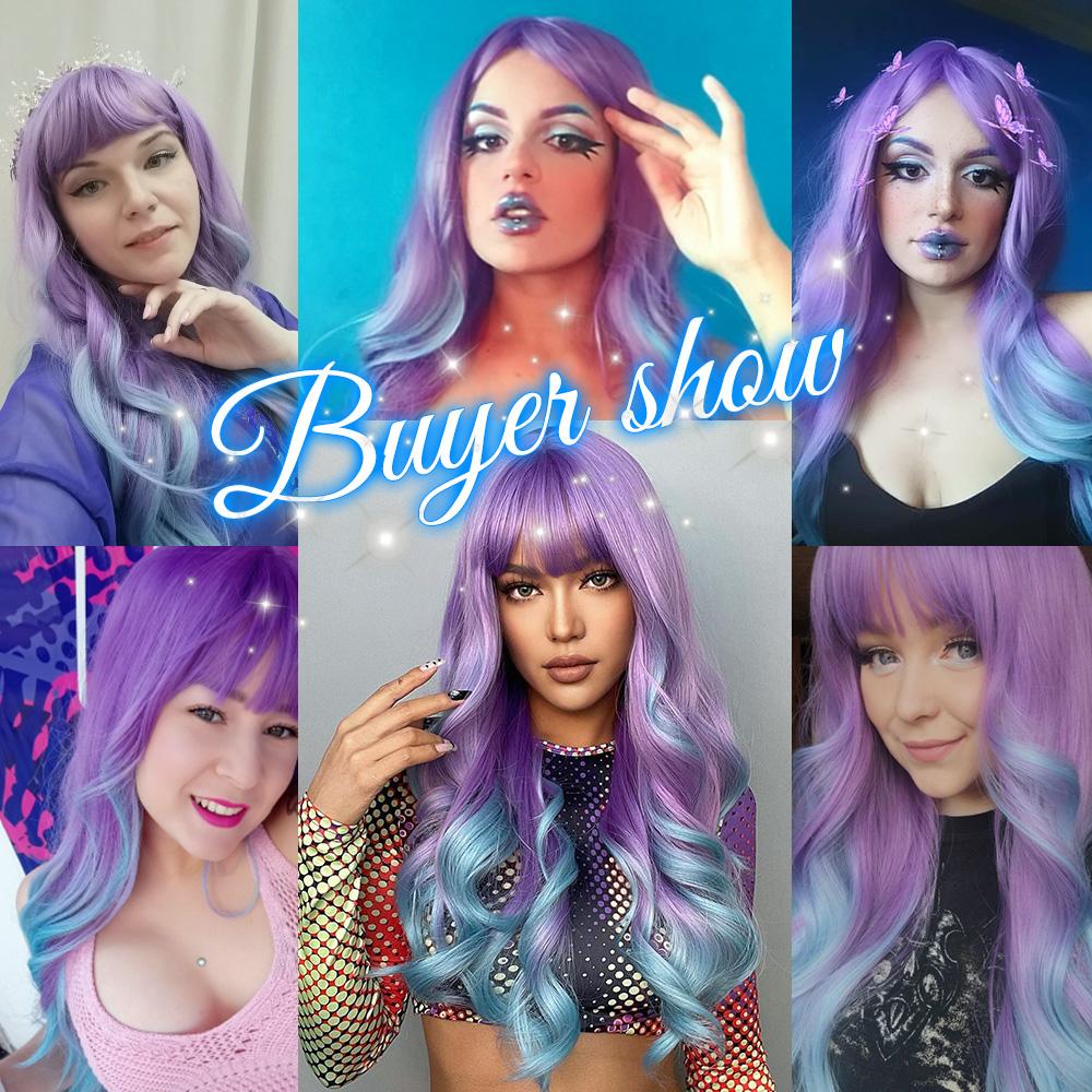 oneNonly Purple Blue Wig with Bangs Long Wavy Cosplay Lolita   Women Wigs  Halloween Party High Temperature Hair
