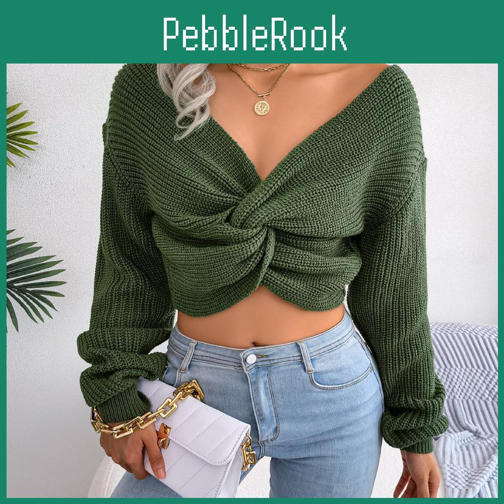 Women Fall Winter Color Solid Long Sleeve Knotted Crop Knit Sweater Sl
