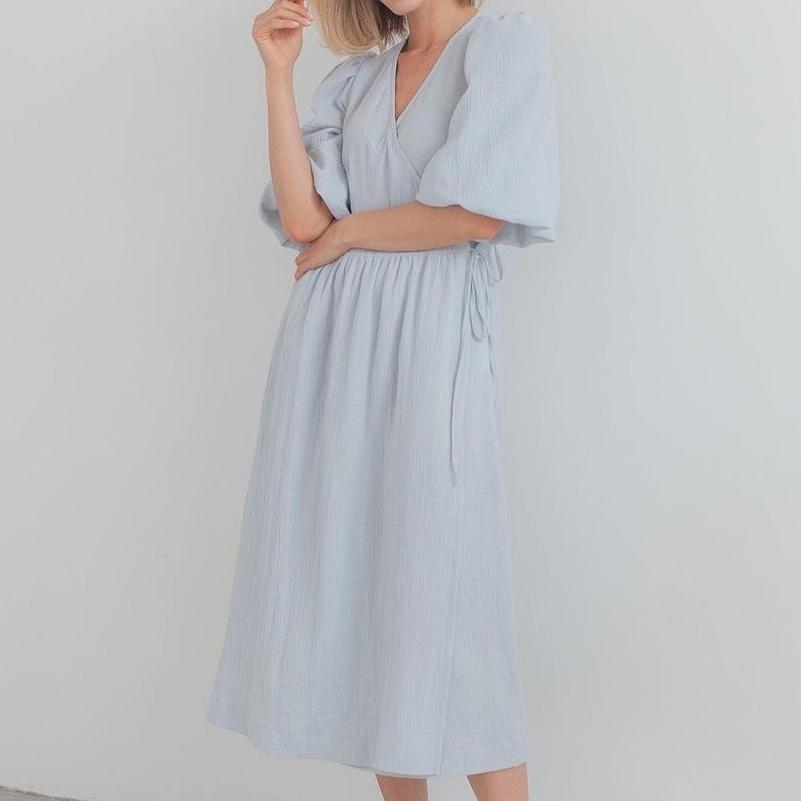 French Sweet Atmosphere Solid Color Long Dress V-neck Puff Short Sleeve Tie Dress