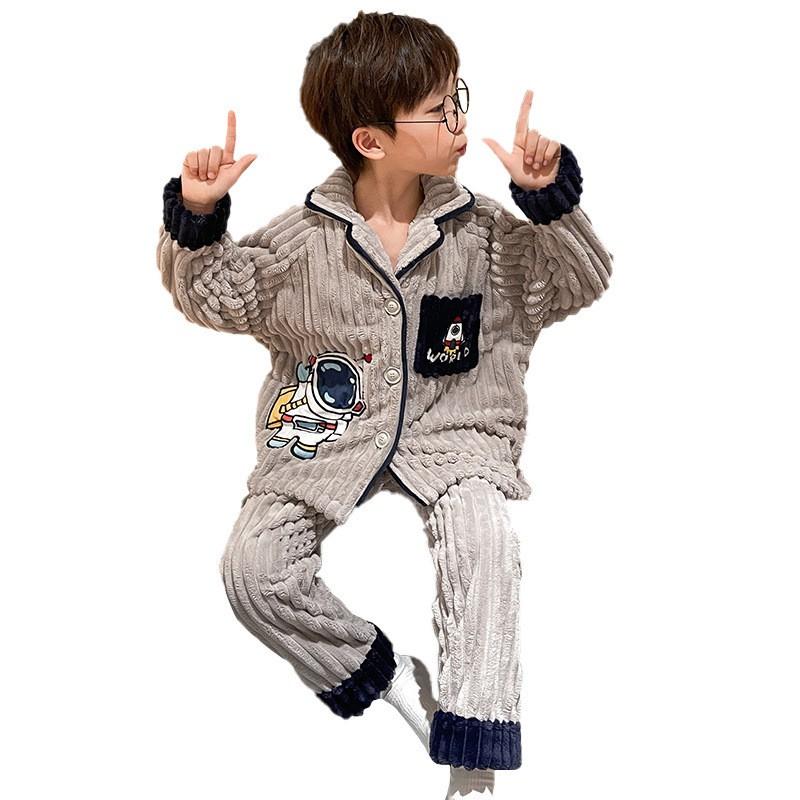 Boys Warm Coral Fleece Pajama Set Winter Thick Flannel Sleepwear Kids 8-14 Years