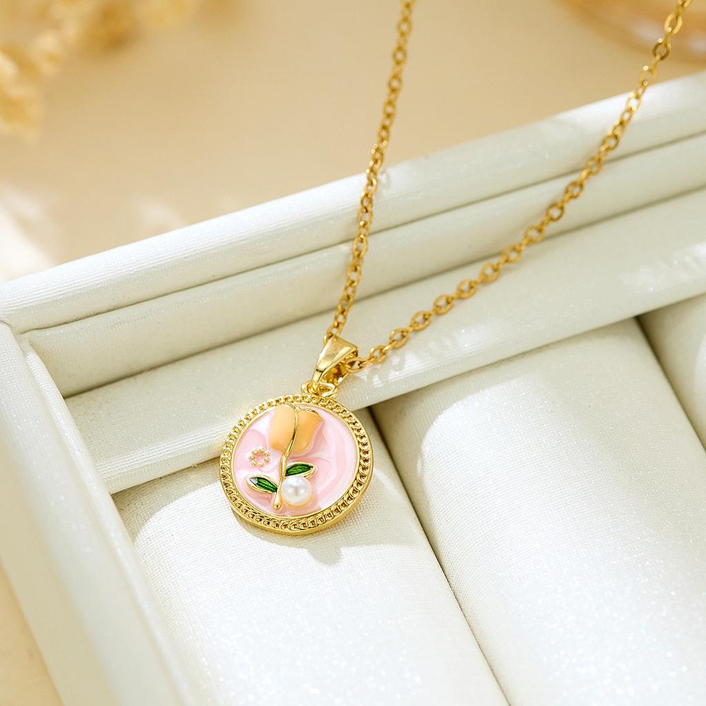 Cross-border New French-style Vintage Faux-pearl Oil-drop Pendant Light-luxury Enamel High-end Painted Flower Art Copper Bamboo