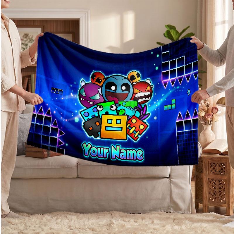 Geometry Dash Personalized Flannel Blanket, Custom Printed Text Name, Warm Soft Blanket For Couch Bed