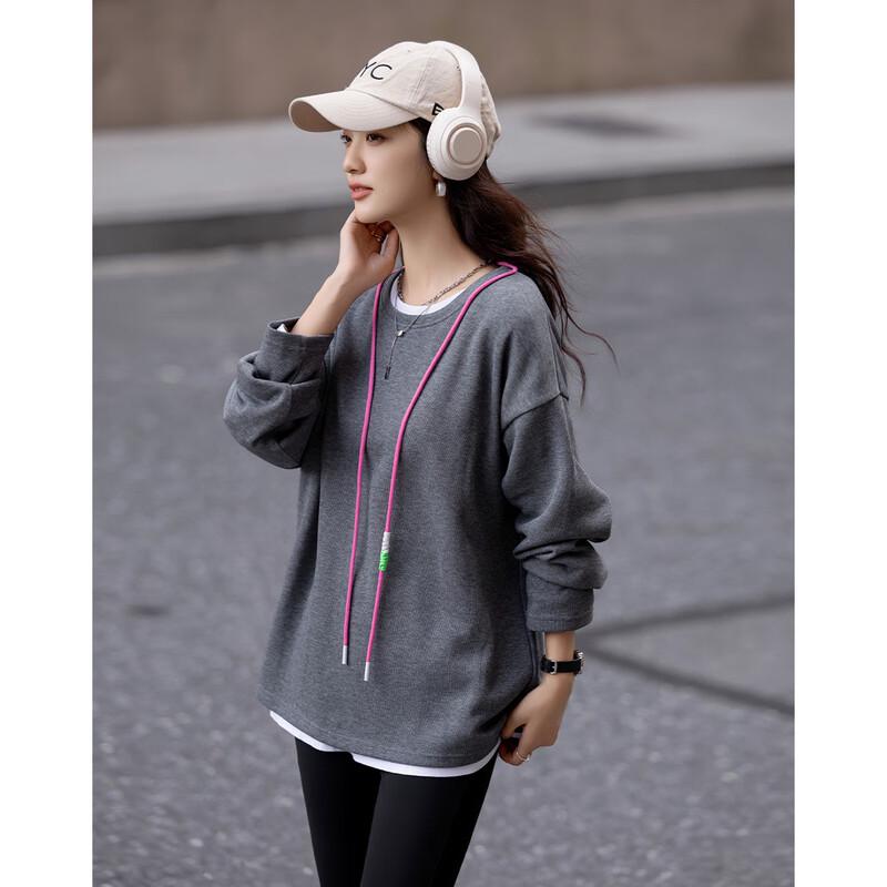 Demana Women's College Style Round Neck Sweatshirt with Contrast Drawstring