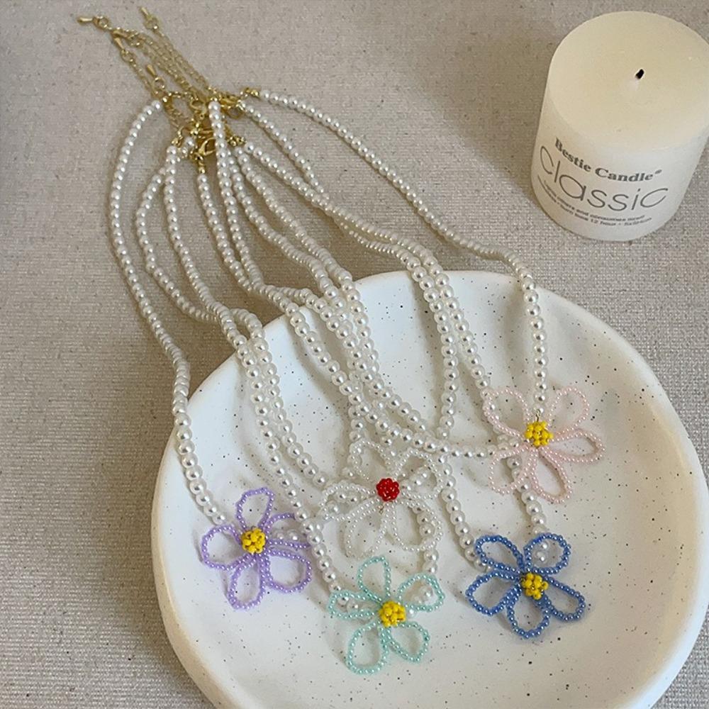 Colorful Imitation Pearl Necklace Jewelry Beads Choker Sweet Flower Necklace  Girls