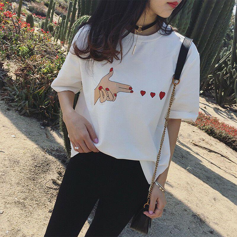 Fashion Women Girl Korean Summer Heart Print Casual T-shirt With Short Sleeves