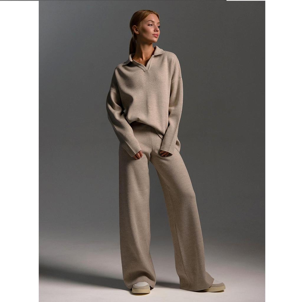 Solid Color Lapel Sweater Set Knit Sweater+straight Leg Wide Leg Pants Two-piece Set High Neck