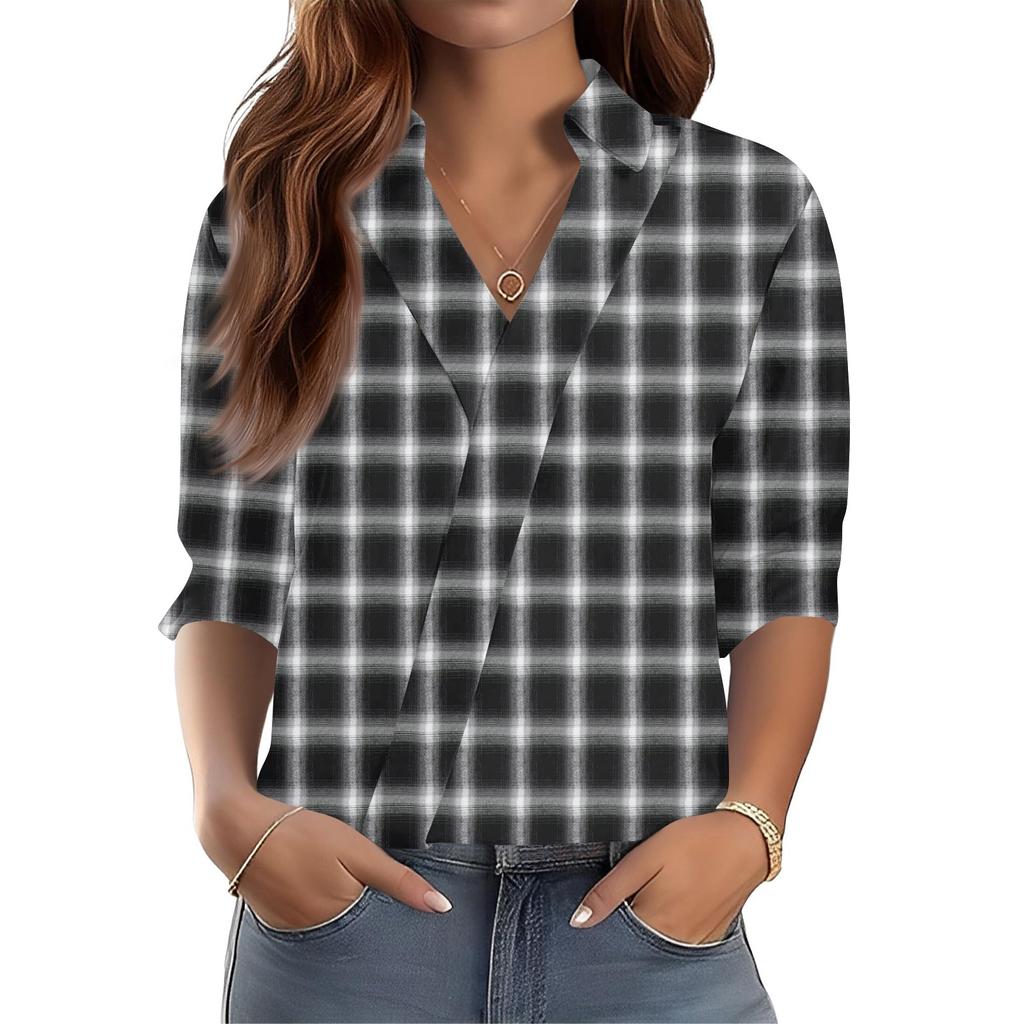 Dámské topy s 3/4 rukávem, košile s výstřihem do V, trendy potištěné, business casual pracovní halenky
