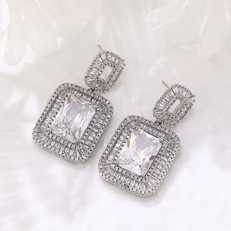 European and American Bold Super Flash Zircon Geometric Square Earrings for Evening Dress