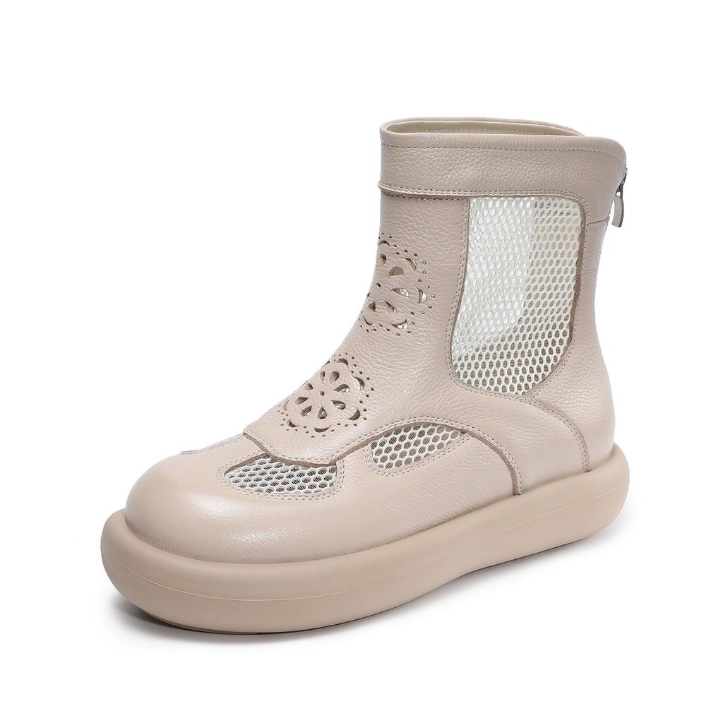 Johnature Genuine Leather Thick Soled Roman Women's Summer Boots Hollow-out Breathable Casual Mesh Short Boots